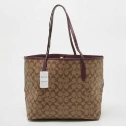 Pre Owned Coach Beige/Purple Signature Coated Canvas and Leather City Tote