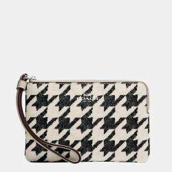 Pre Owned Coach Black & White Canvas & Leather Wristlet Wallet