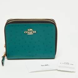 Pre Owned Coach Green Ostrich Embossed Leather Double Zip Compact Wallet