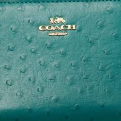 Pre Owned Coach Green Ostrich Embossed Leather Double Zip Compact Wallet