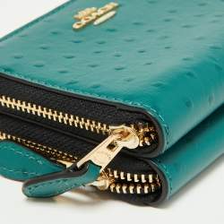 Pre Owned Coach Green Ostrich Embossed Leather Double Zip Compact Wallet