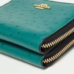 Pre Owned Coach Green Ostrich Embossed Leather Double Zip Compact Wallet