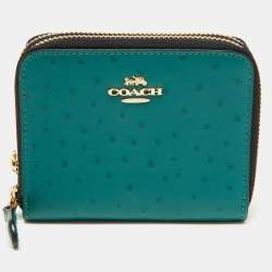 Coach Green Ostrich Embossed Leather Double Zip Compact Wallet
