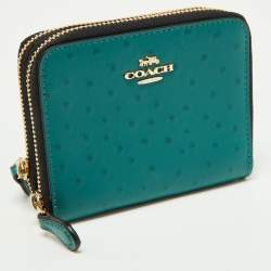 Pre Owned Coach Green Ostrich Embossed Leather Double Zip Compact Wallet
