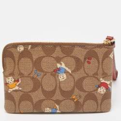 Coach Beige Signature Coated Canvas Cat Mittens Zip Wristlet Pouch
