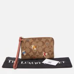 Coach Beige Signature Coated Canvas Cat Mittens Zip Wristlet Pouch