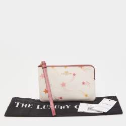 Pre Owned Coach Old Rose/Off White Coated Canvas Shooting Star Print Zip Wristlet Pouch