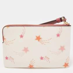 Pre Owned Coach Old Rose/Off White Coated Canvas Shooting Star Print Zip Wristlet Pouch