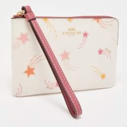 Pre Owned Coach Old Rose/Off White Coated Canvas Shooting Star Print Zip Wristlet Pouch
