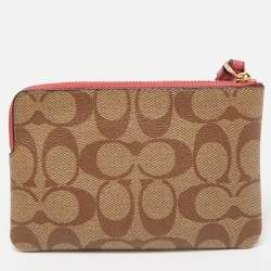 Coach Beige/Old Rose Signature Coated Canvas and Leather Disco Patch Wristlet Pouch