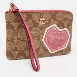 Coach Beige/Old Rose Signature Coated Canvas and Leather Disco Patch Wristlet Pouch