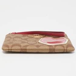 Coach Beige/Old Rose Signature Coated Canvas and Leather Disco Patch Wristlet Pouch