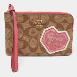 Coach Beige/Old Rose Signature Coated Canvas and Leather Disco Patch Wristlet Pouch