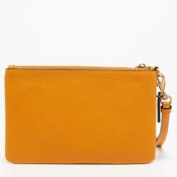 Pre Owned Coach Orange Leather Wristlet Zip Pouch