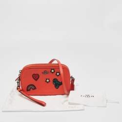 Pre Owned Coach Red Coral Leather Souvenir Embroidery Crossbody Clutch