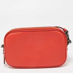 Pre Owned Coach Red Coral Leather Souvenir Embroidery Crossbody Clutch