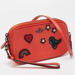 Pre Owned Coach Red Coral Leather Souvenir Embroidery Crossbody Clutch