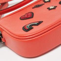 Pre Owned Coach Red Coral Leather Souvenir Embroidery Crossbody Clutch
