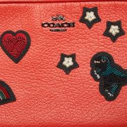 Pre Owned Coach Red Coral Leather Souvenir Embroidery Crossbody Clutch