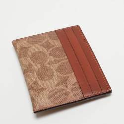 Pre Owned Coach Beige/Brown Signature Coated Canvas and Leather Card Holder