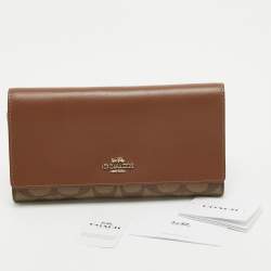Pre Owned Coach Brown/Beige Signature Coated Canvas and Leather Trifold Long Wallet