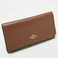 Pre Owned Coach Brown/Beige Signature Coated Canvas and Leather Trifold Long Wallet