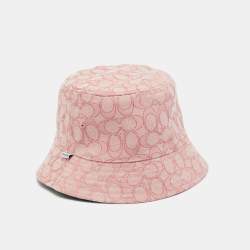 Pre Owned Coach Pink/Blue Monogram Jacquard Reversible Bucket Hat One Size