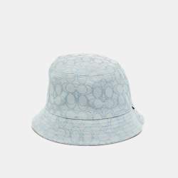 Pre Owned Coach Pink/Blue Monogram Jacquard Reversible Bucket Hat One Size