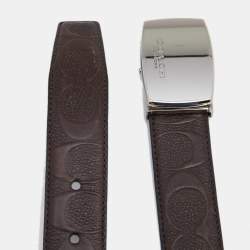 Pre Owned Coach Dark Brown Signature Leather Logo Plague Cut to Size Reversible Belt