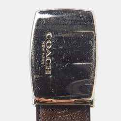Pre Owned Coach Dark Brown Signature Leather Logo Plague Cut to Size Reversible Belt