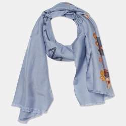 Coach Blue Floral Bow Print Cotton & Silk Oblong Scarf