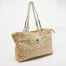 Coach Beige/Off White Signature Canvas and Snakeskin Embossed Leather Penelope Tote