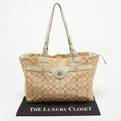 Coach Beige/Off White Signature Canvas and Snakeskin Embossed Leather Penelope Tote