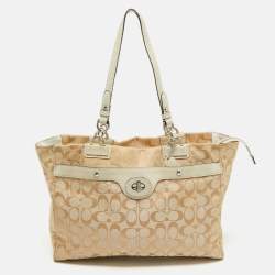 Coach Beige/Off White Signature Canvas and Snakeskin Embossed Leather Penelope Tote