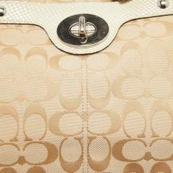 Coach Beige/Off White Signature Canvas and Snakeskin Embossed Leather Penelope Tote