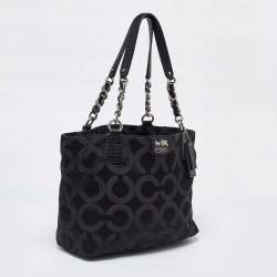Coach Black Signature Canvas and Lizard Embossed Leather Mia Tote