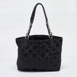 Coach Black Signature Canvas and Lizard Embossed Leather Mia Tote
