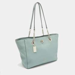 Pre Owned Coach Light Blue Leather Turnlock Chain Tote
