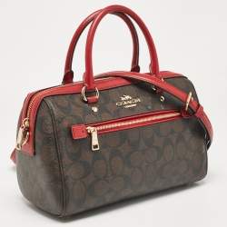 Coach Red/Brown Signature Coated Canvas Rowan Boston Bag