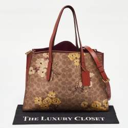 Coach Brown Prairie Floral Signature Coated Canvas and Leather Charlie Carryall Tote