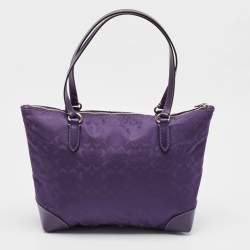 Coach Purple Signature Nylon and Leather Zip Top Tote