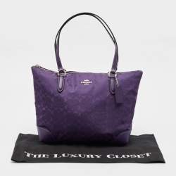 Coach Purple Signature Nylon and Leather Zip Top Tote