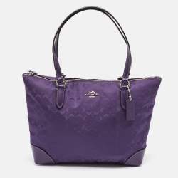 Coach Purple Signature Nylon and Leather Zip Top Tote