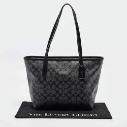 Coach Black/Silver Signature Coated Canvas and Leather City Zip Tote