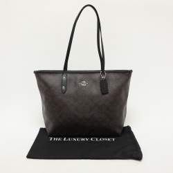 Pre Owned Coach Black/Brown Signature Coated Canvas and Leather City Zip Tote