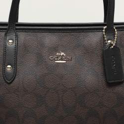 Pre Owned Coach Black/Brown Signature Coated Canvas and Leather City Zip Tote