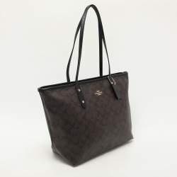 Pre Owned Coach Black/Brown Signature Coated Canvas and Leather City Zip Tote