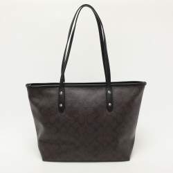 Pre Owned Coach Black/Brown Signature Coated Canvas and Leather City Zip Tote