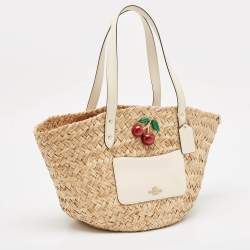 Pre Owned Coach Beige/White Raffia Straw and Leather Cherry Basket Tote