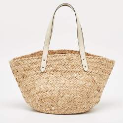 Pre Owned Coach Beige/White Raffia Straw and Leather Cherry Basket Tote